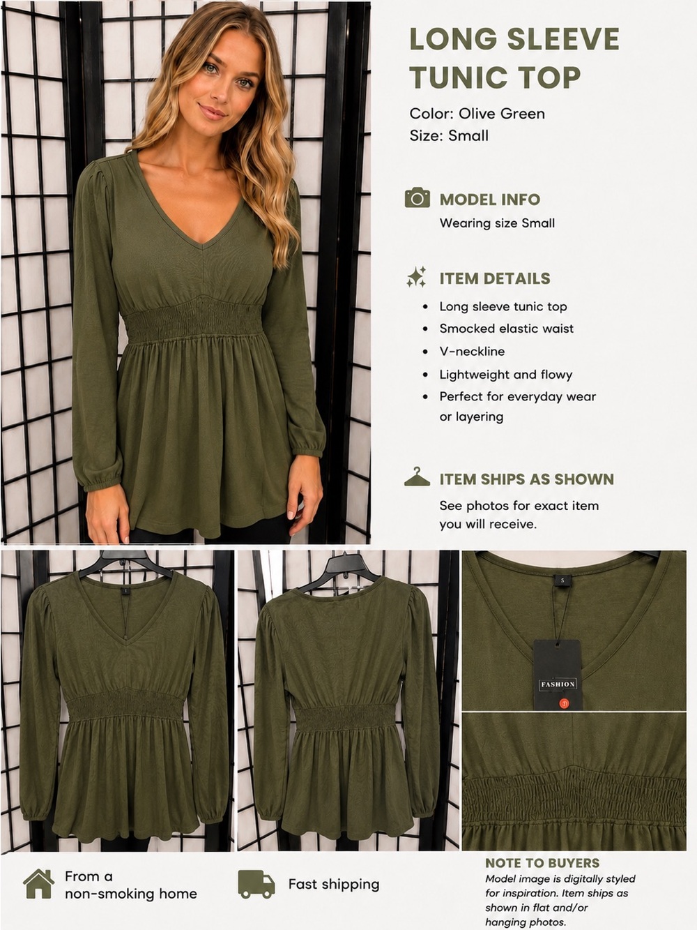 NWT Olive Green Long Sleeve Tunic Top Size Small Flowy Smocked Waist